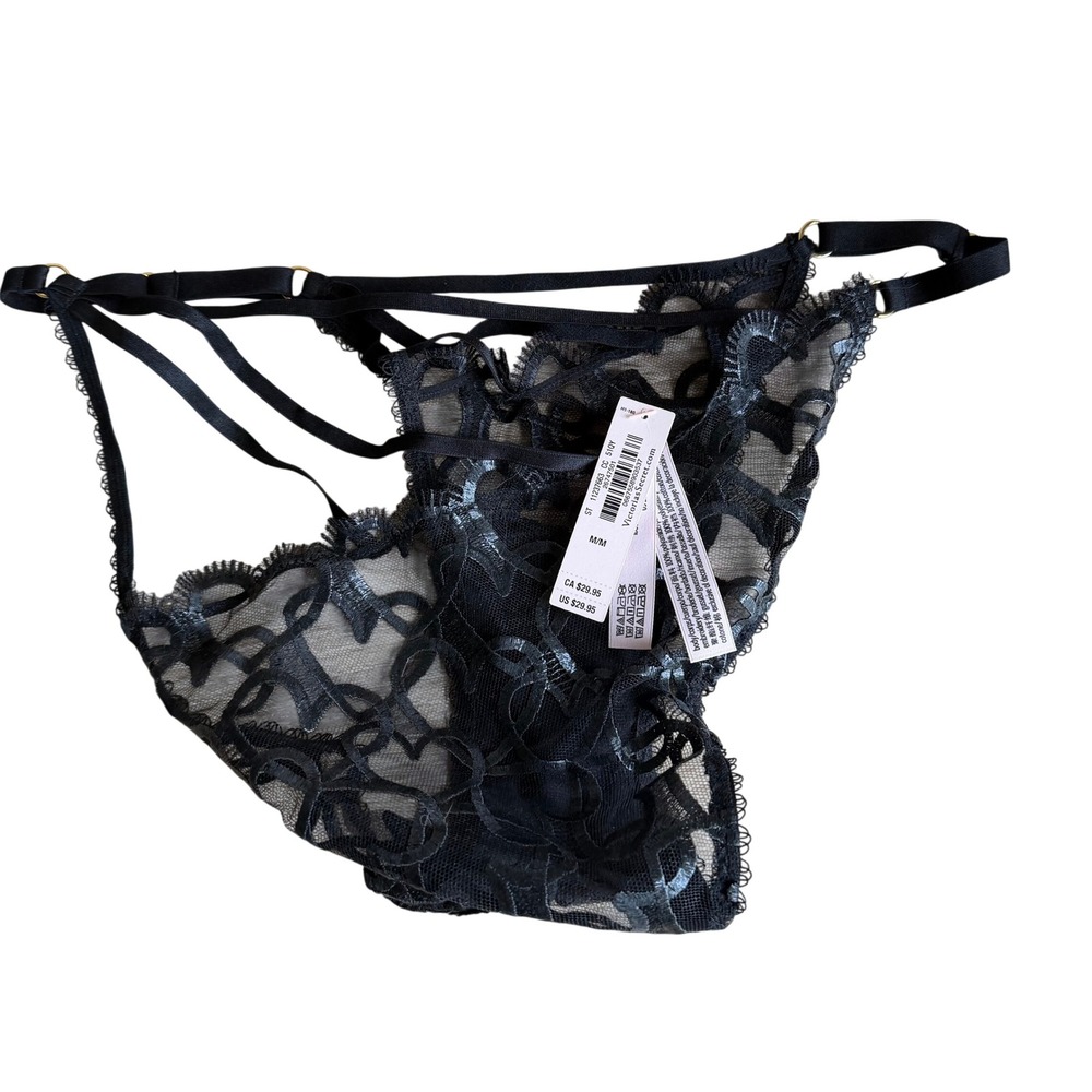 Victorias Secret Black Lace Strappy Thong Panty Adjustable Gold Hardware M 51QY